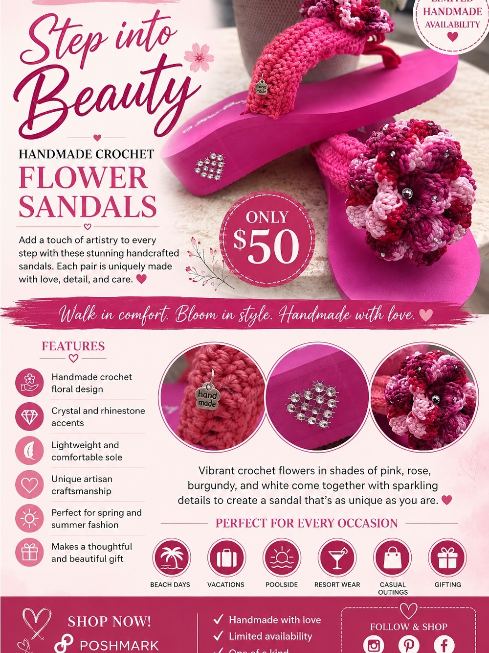 🩷. S-35.  Handmade Crochet Flower Sandals - Pink